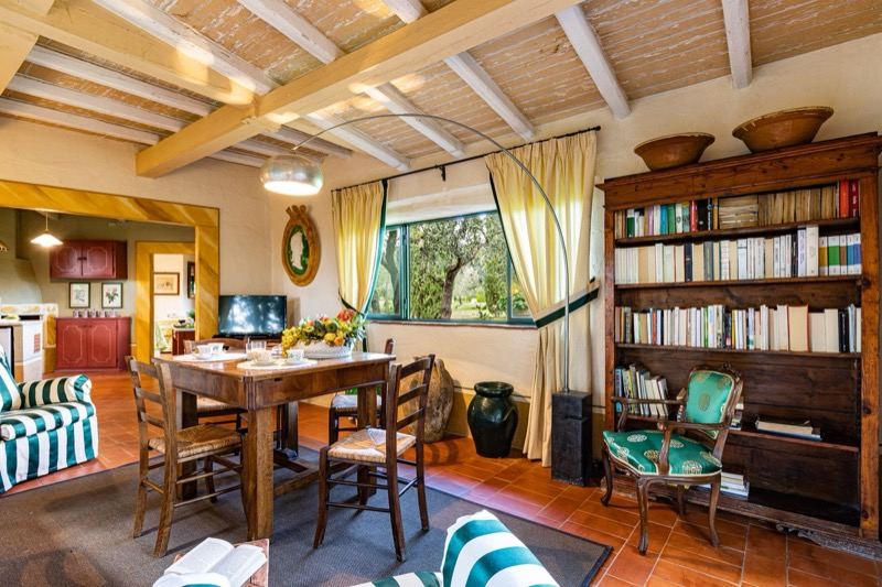 The dining room with the bookcase and window onto the olives