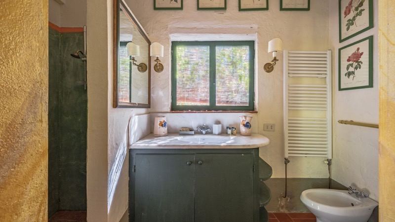 The bathroom with green cabinet and botanical prints