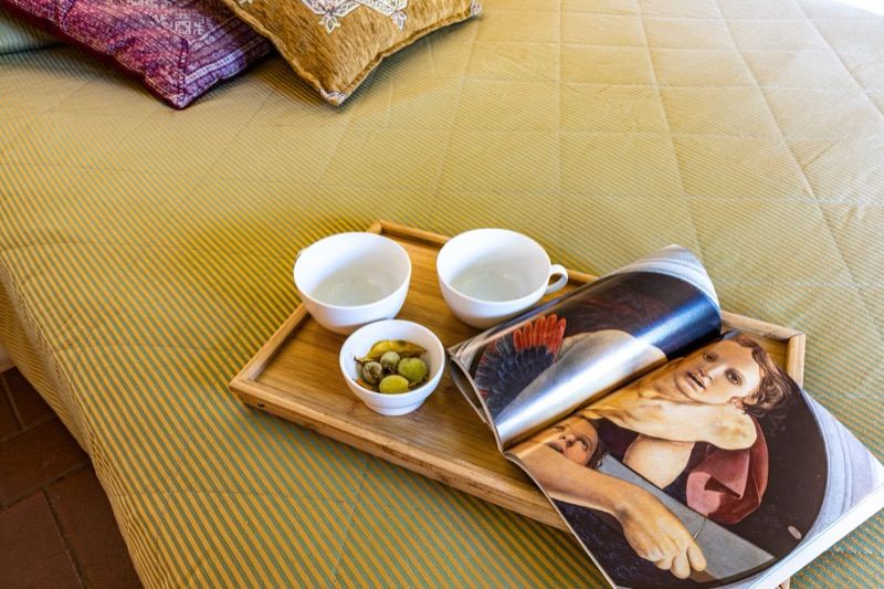 Breakfast in bed with a magazine